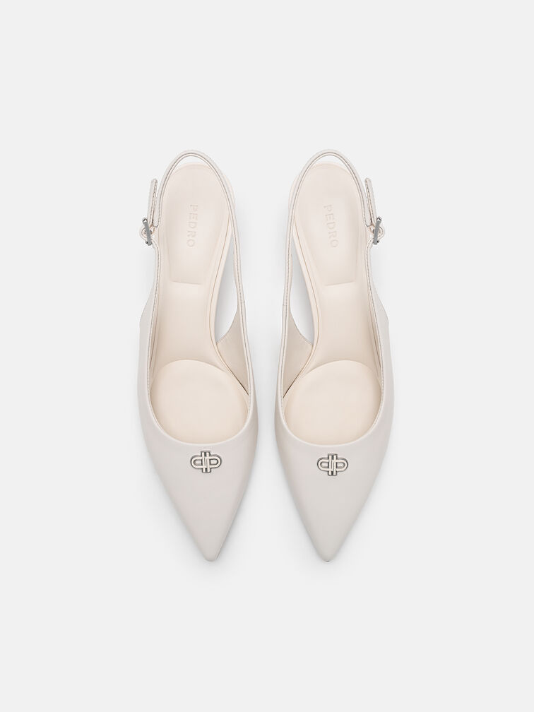 Leather Slingback Heel Pumps, Chalk
