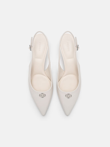 Leather Slingback Heel Pumps, Chalk