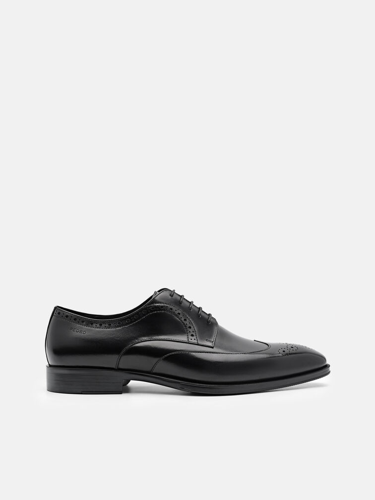 Leather Wingtip Derby Shoes, Black