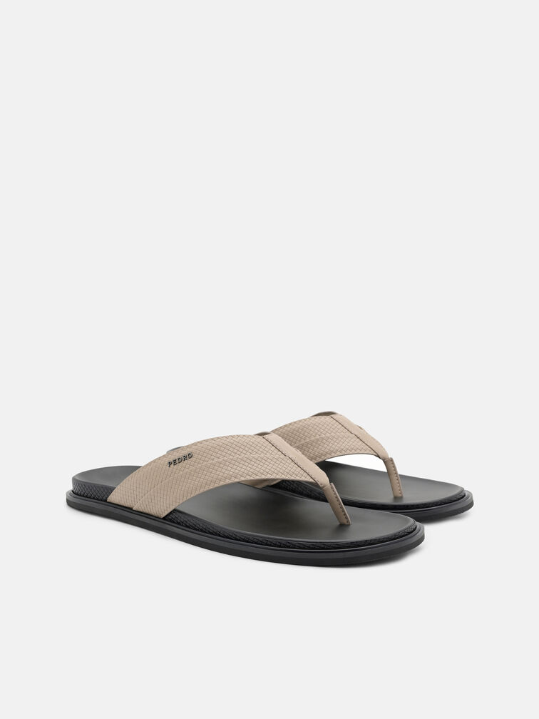 Woven Thong Sandals, Light Taupe Embossed