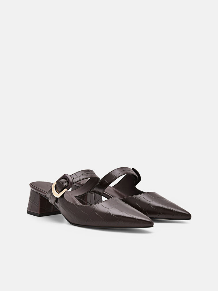 Bridget Embossed Leather Heel Mules, Dark Brown