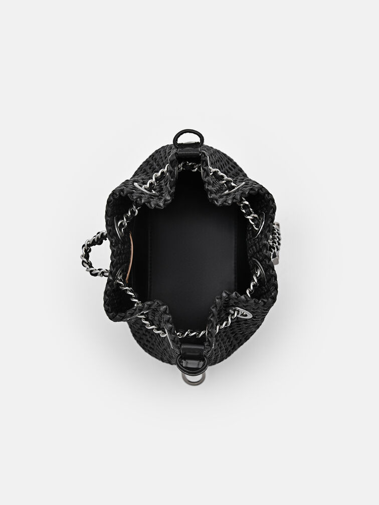 Raffia Mini Bucket Bag, Black