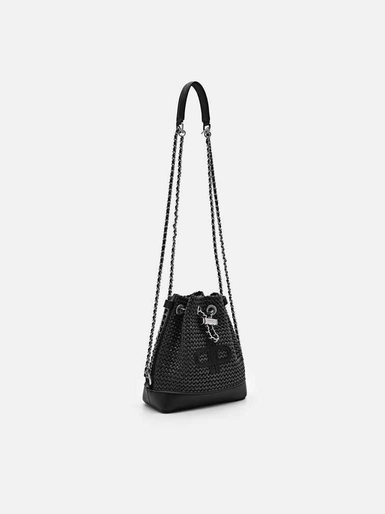 Raffia Mini Bucket Bag, Black