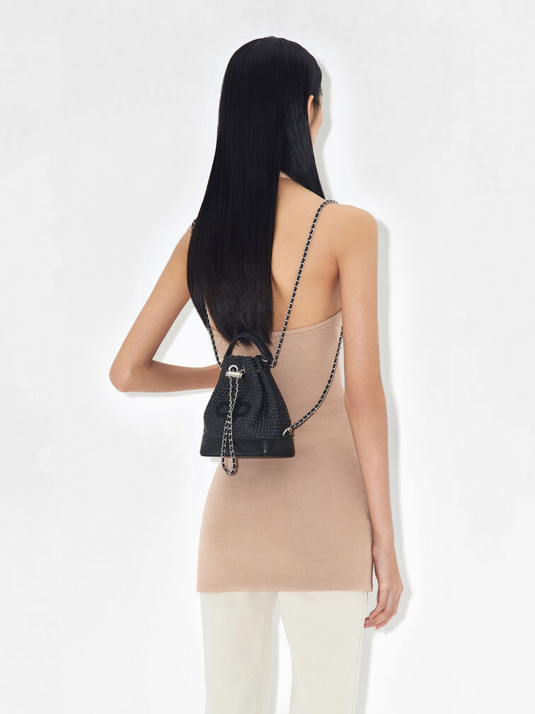 Raffia Mini Bucket Bag, Black