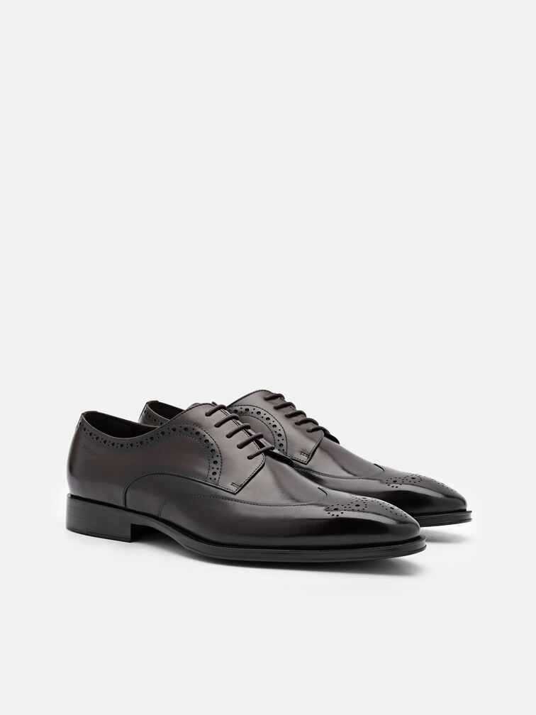 Leather Wingtip Derby Shoes, Dark Brown
