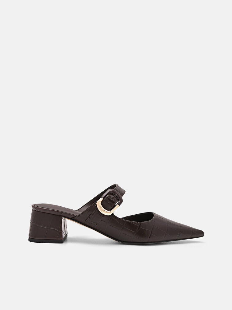 Bridget Embossed Leather Heel Mules, Dark Brown