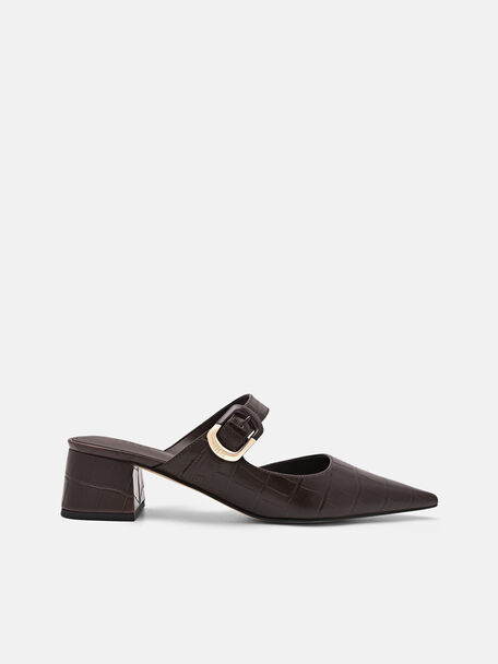 Bridget Embossed Leather Heel Mules, Dark Brown