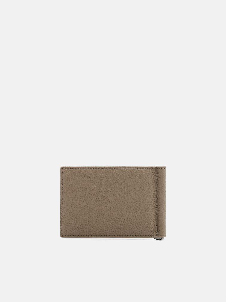 Embossed Leather Card Holder with Money Clip, Taupe