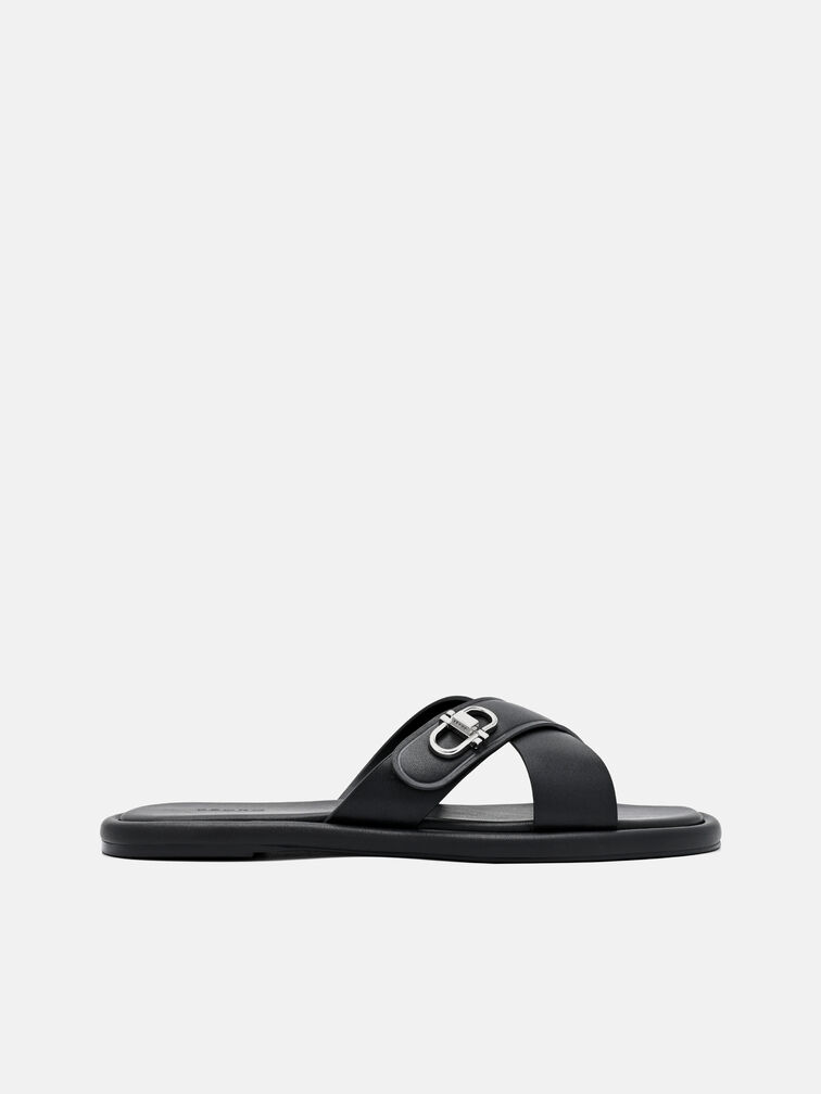 Sienna Leather Cross Sandals, Black