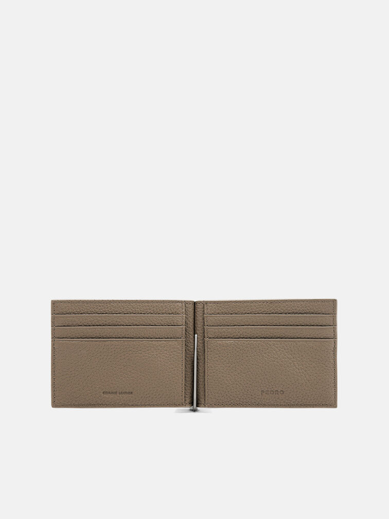 Embossed Leather Card Holder with Money Clip, Taupe