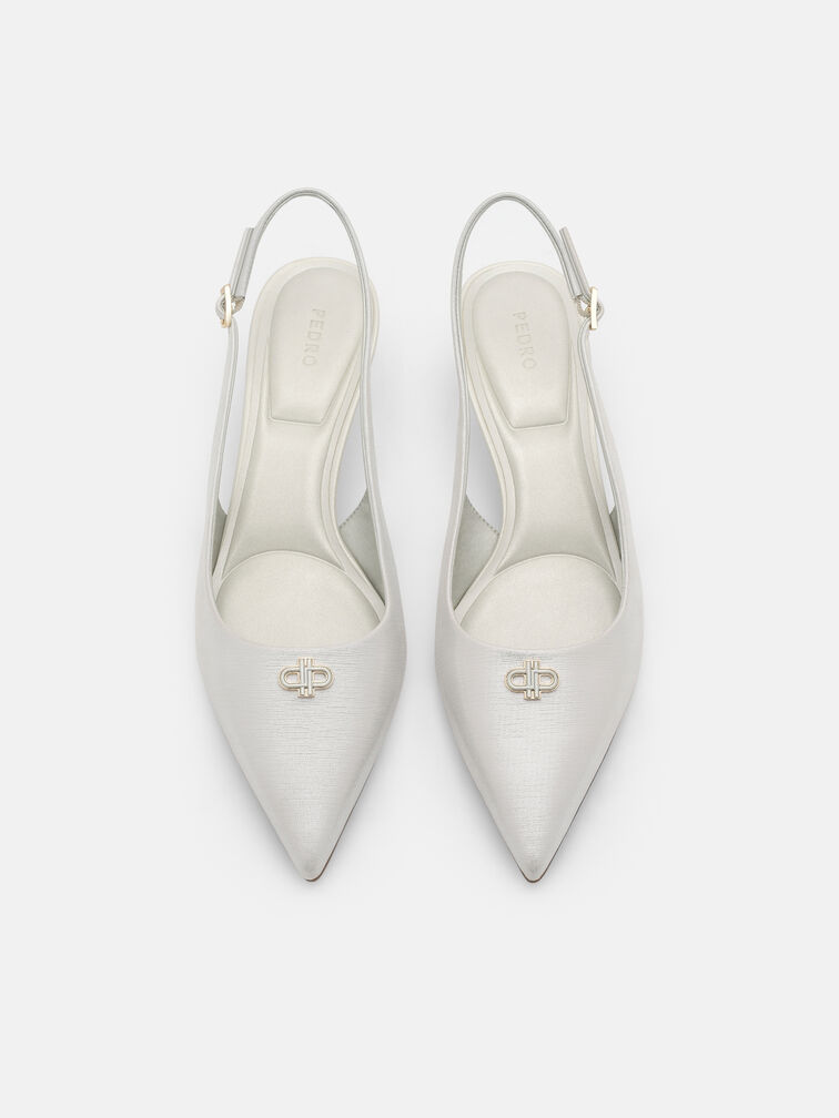 Leather Slingback Heel Pumps, Silver