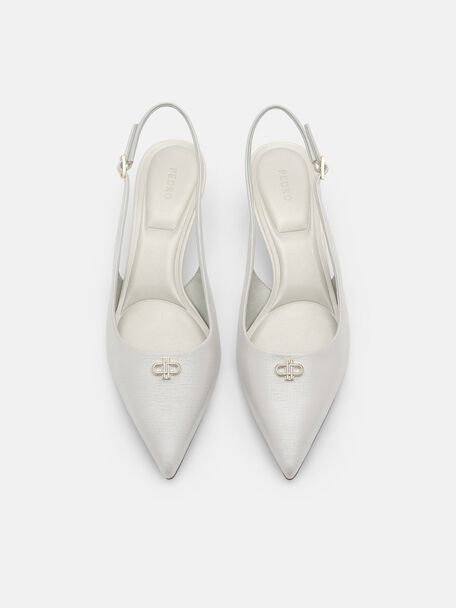 Leather Slingback Heel Pumps, Silver