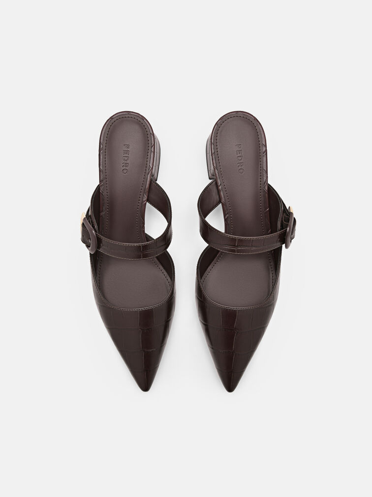 Bridget Embossed Leather Heel Mules, Dark Brown