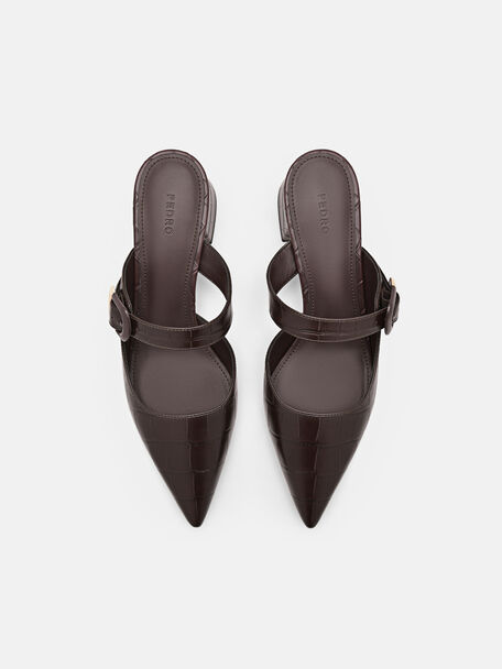 Bridget Embossed Leather Heel Mules, Dark Brown