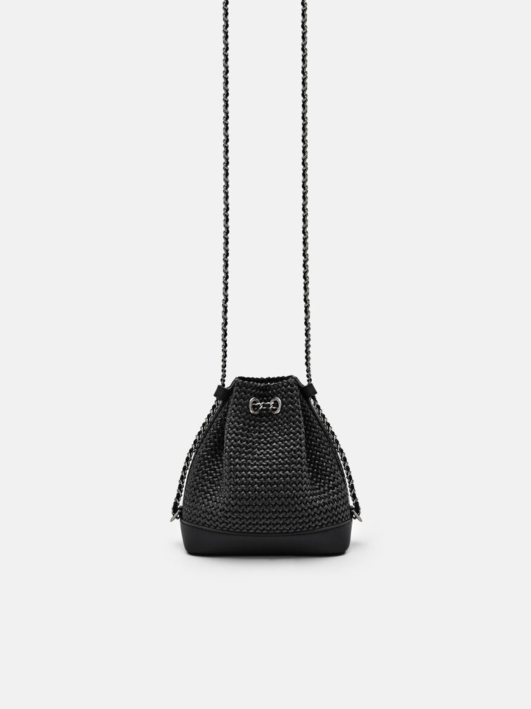 Raffia Mini Bucket Bag, Black