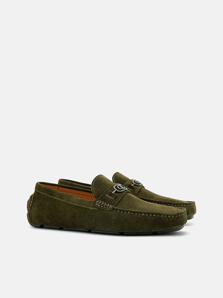 Suede Horsebit Driving Shoes, Military Green