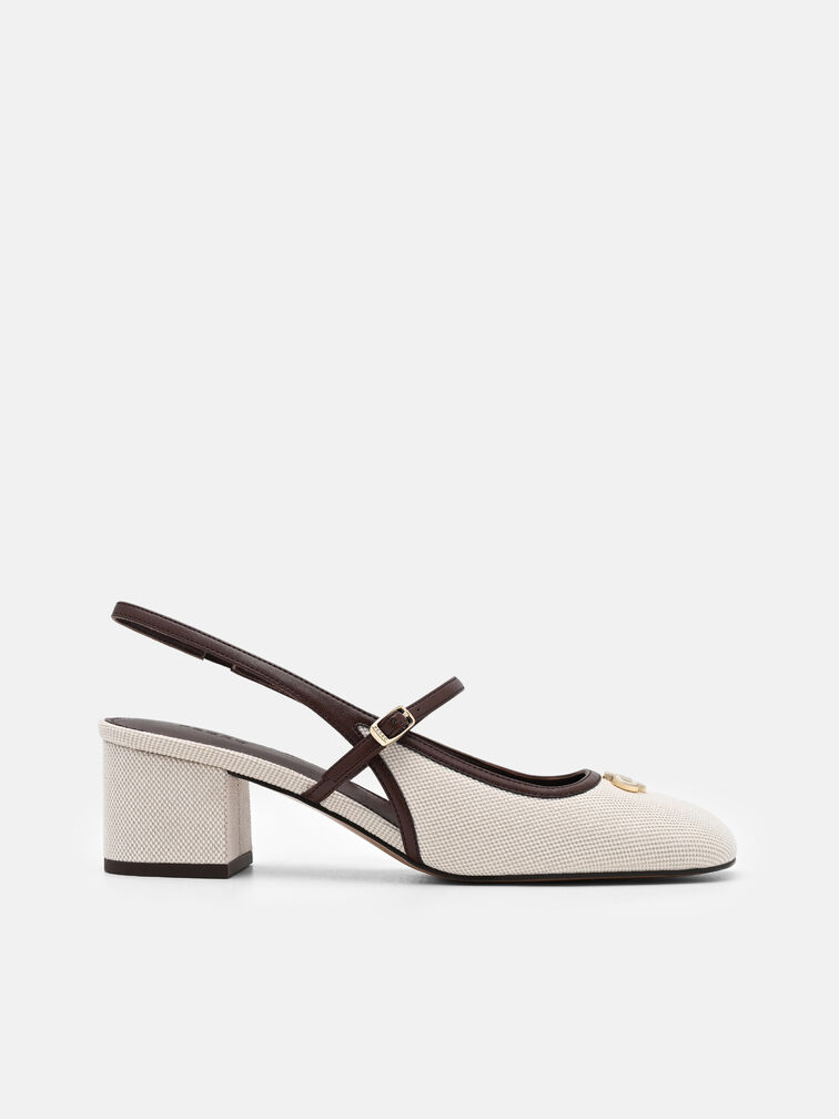 Slingback Heel Pumps, Beige Canvas