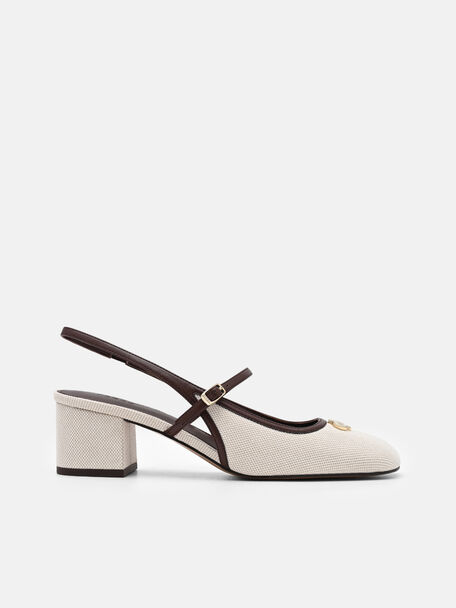 Slingback Heel Pumps, Beige Canvas