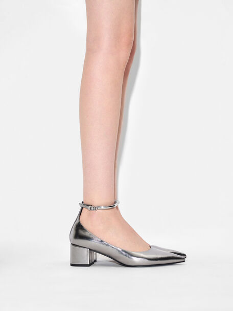 Lia Leather Heel Pumps, Pewter