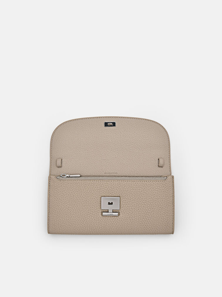 Embossed Leather Bi-Fold Long Wallet, Taupe