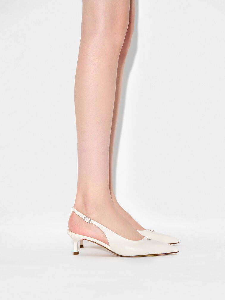 Leather Slingback Heel Pumps, Chalk